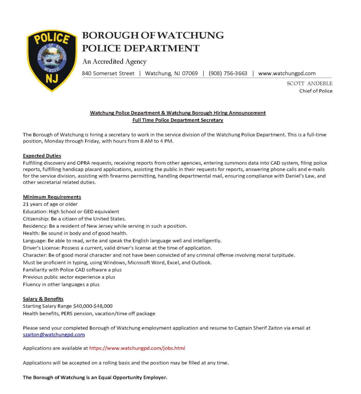 Watchung Police Hiring Announcement
